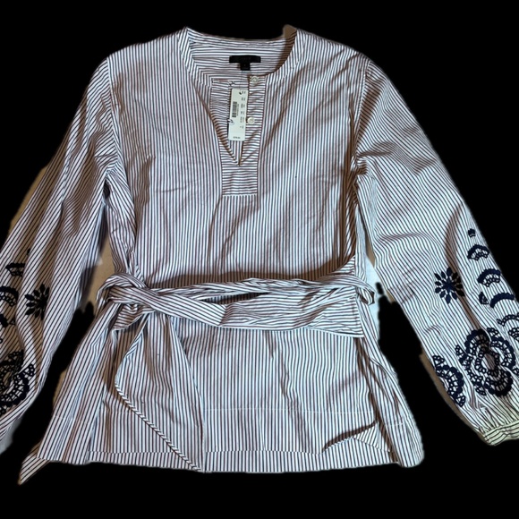 J. Crew Embroidered Navy/Red Pinstripes Tie Front Blouse (NWT) - Picture 2 of 7